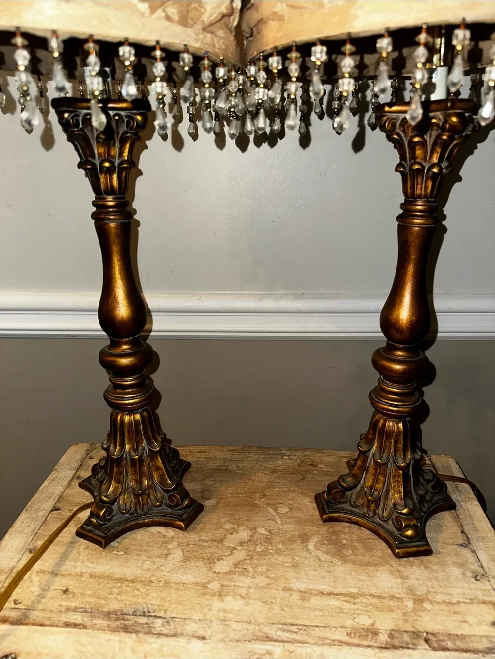 2 Elegant Ruffled Amber Table Lamp with Crystal Fringe - Home Accents